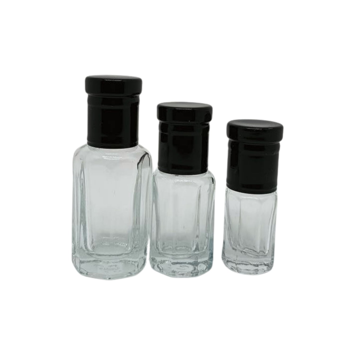 Plain glass perfume or essential oil bottle with black lid and application roller - box of 12