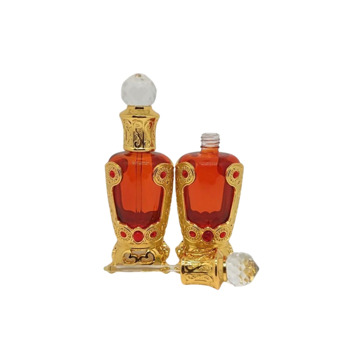 25ml gold and red glass arabian design perfume oil bottle with stick applicator and clear lid