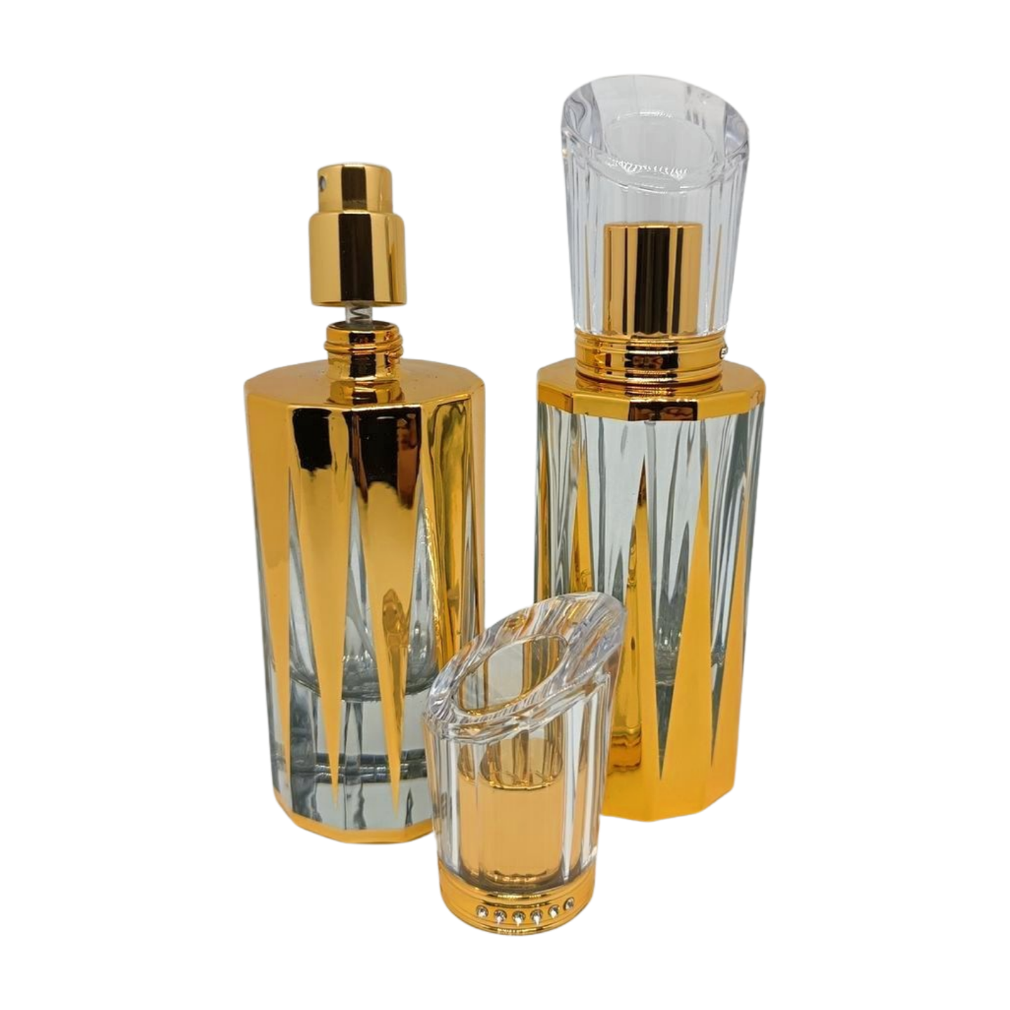 50ml clear glass gold triangle design refillable fancy spray perfume bottle
