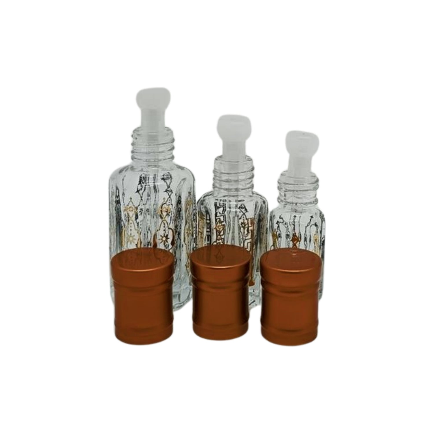 Bronze patterned glass perfume or essential oil bottle with bronze lid and application stick - box of 12