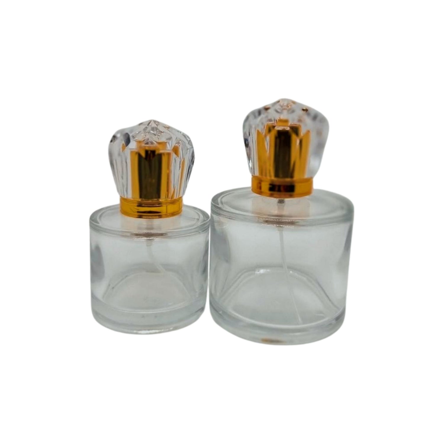Flacon de parfum rechargeable en verre transparent de 30 ml, 50 ml, 100 ml avec couvercle doré fantaisie