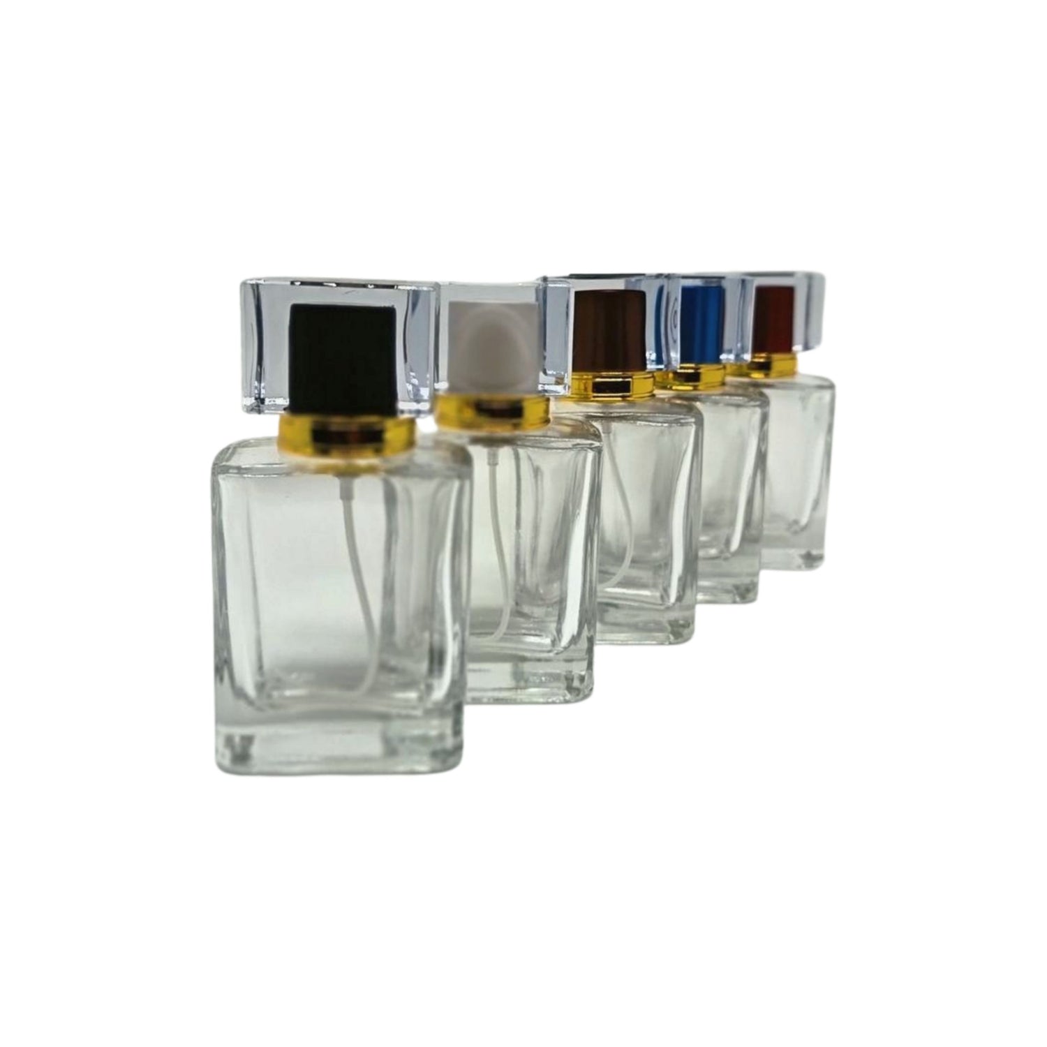 50ml cubic empty perfume spray bottles in mixed coloured lids