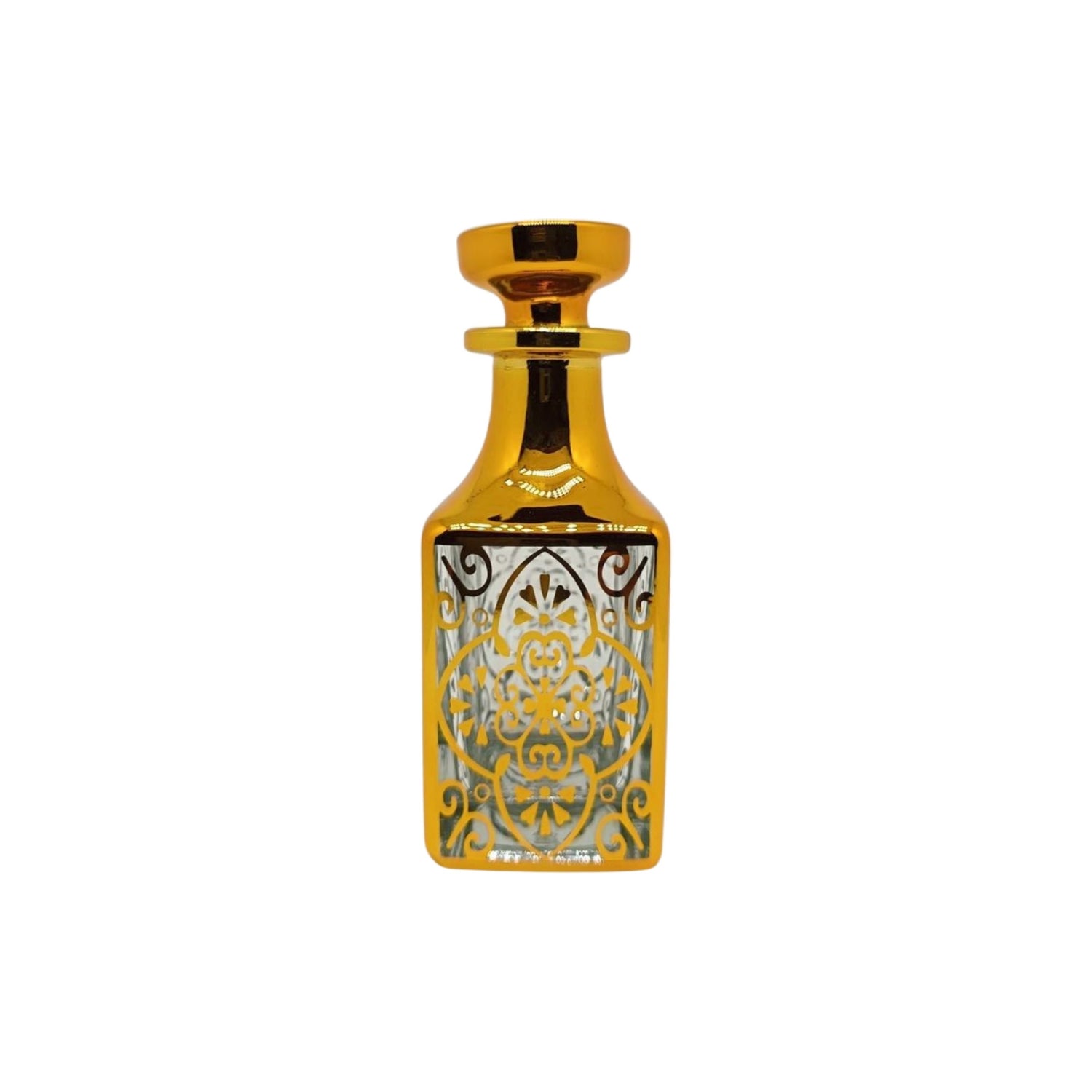 150ml gold patterned fancy glass perfume decanter bottle with gold flat stopper lid