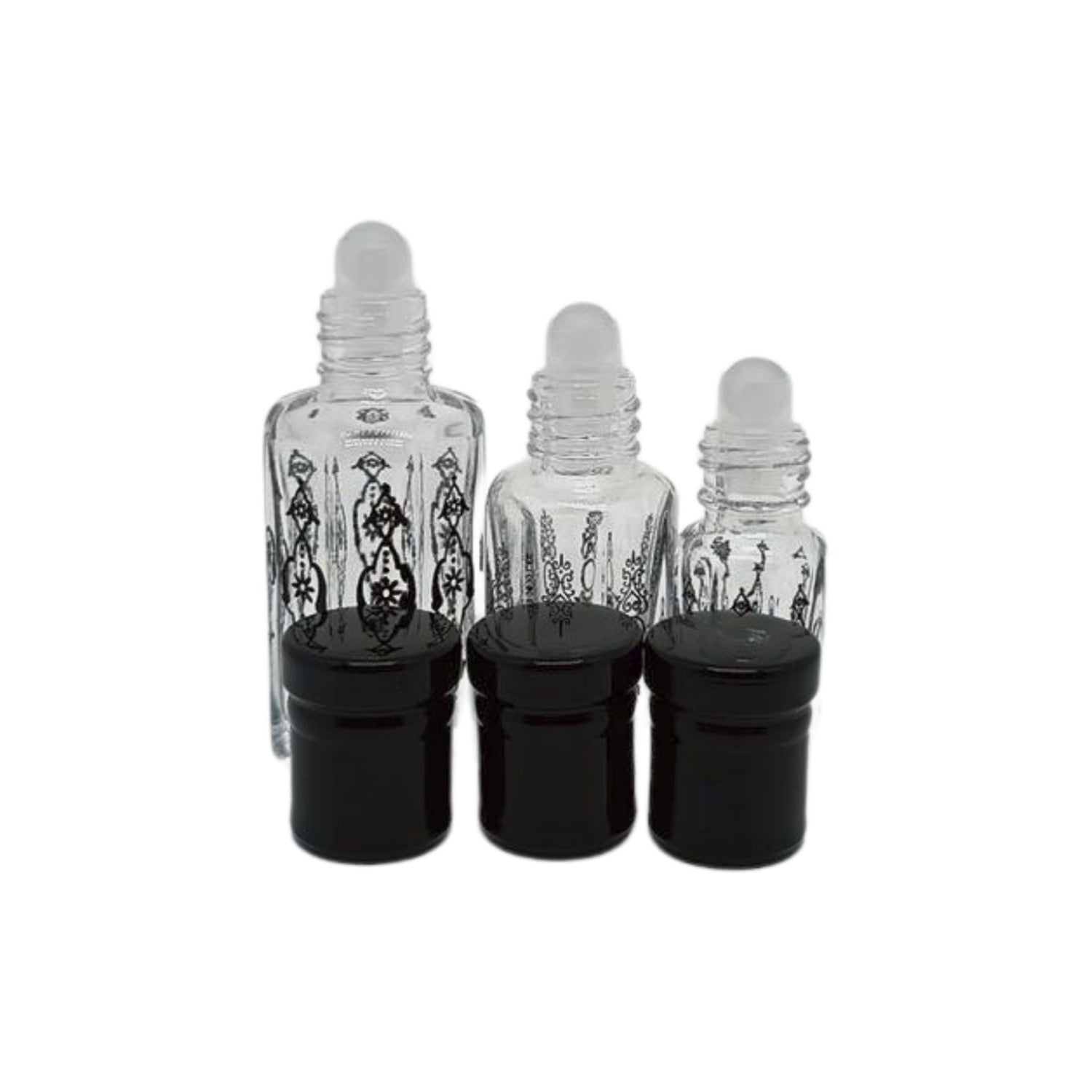 Black patterned glass perfume or essential oil bottle with black lid and application roller - box of 12