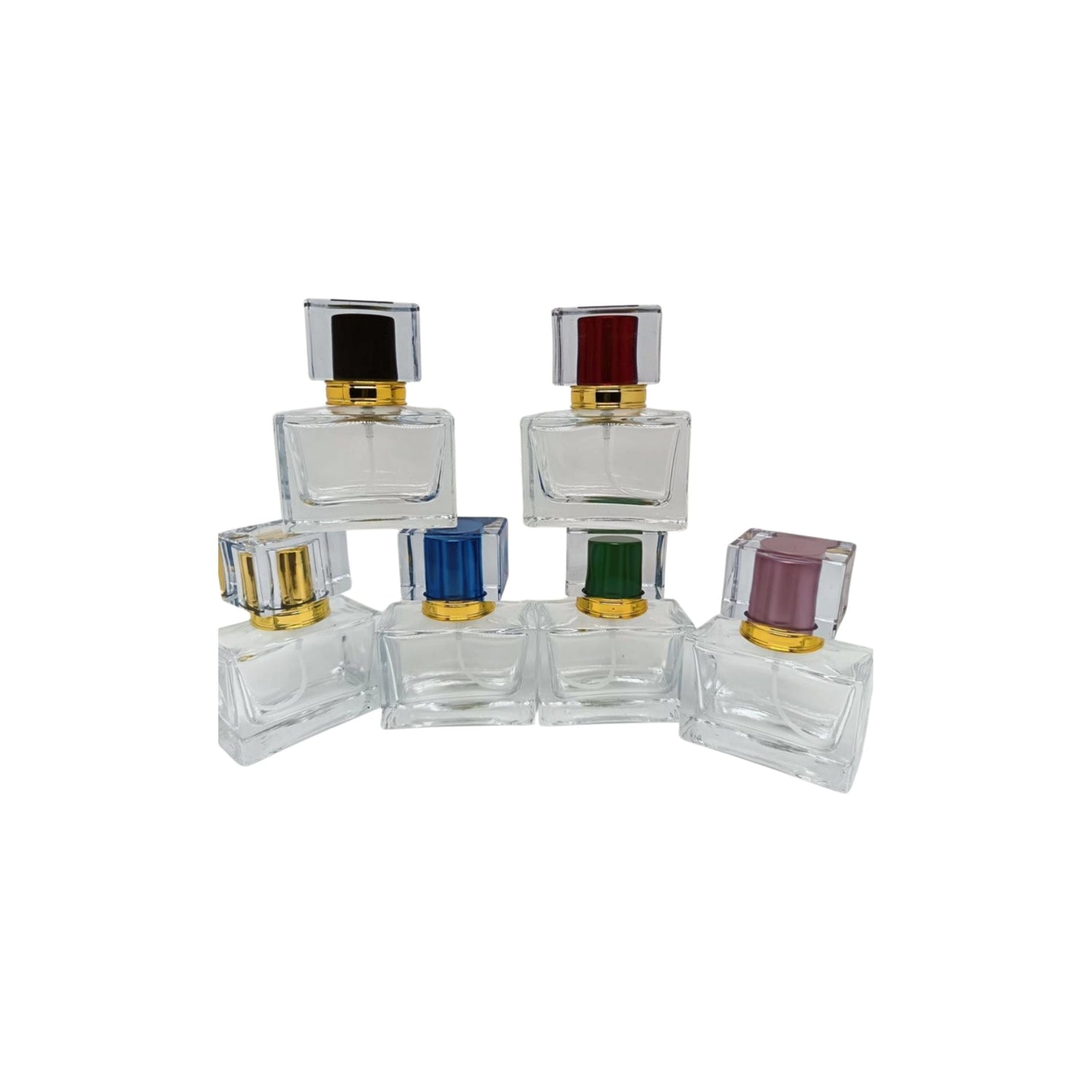 30ml clear glass cubic spray perfume bottle with matching clear and coloured lid in various colours - pack of 12