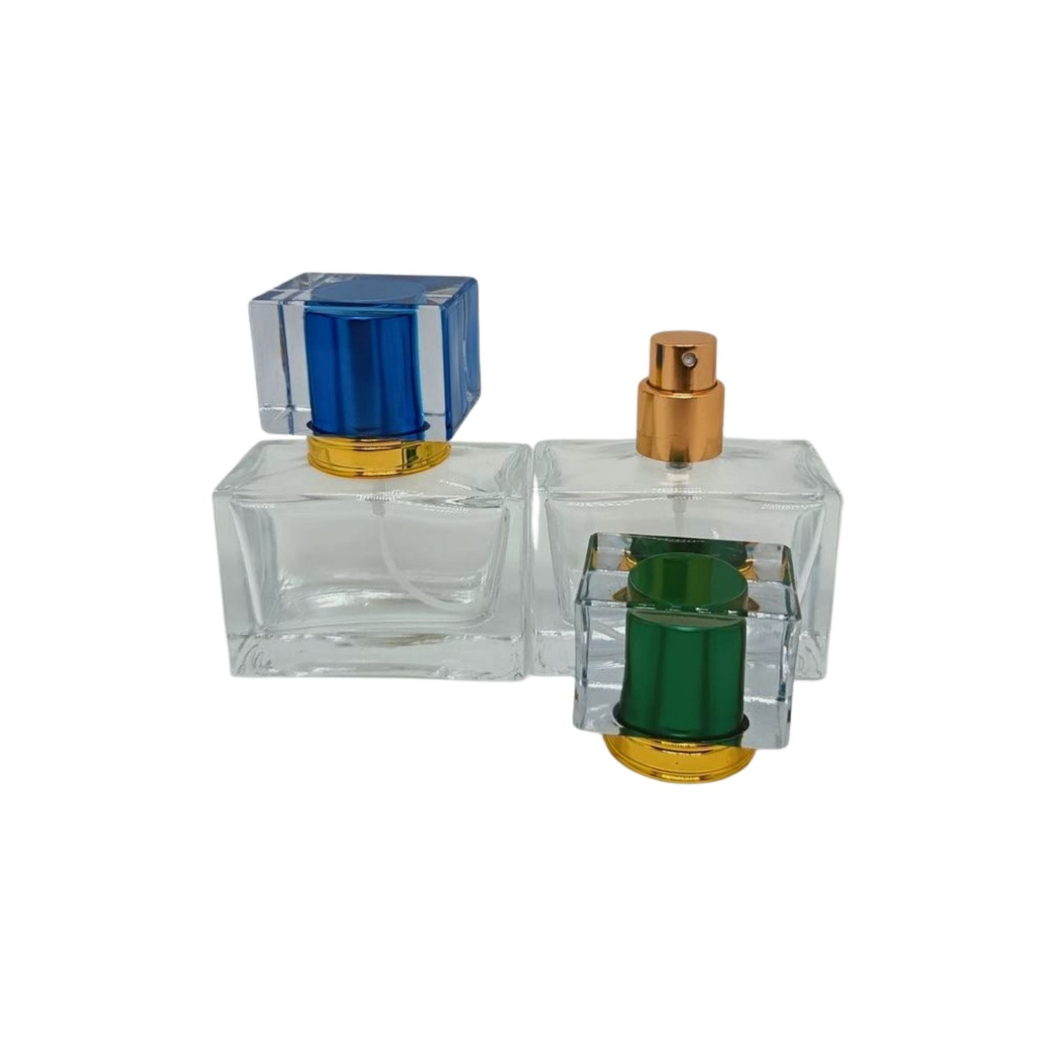 30ml clear glass cubic spray perfume bottle with matching clear and coloured lid in various colours - pack of 12