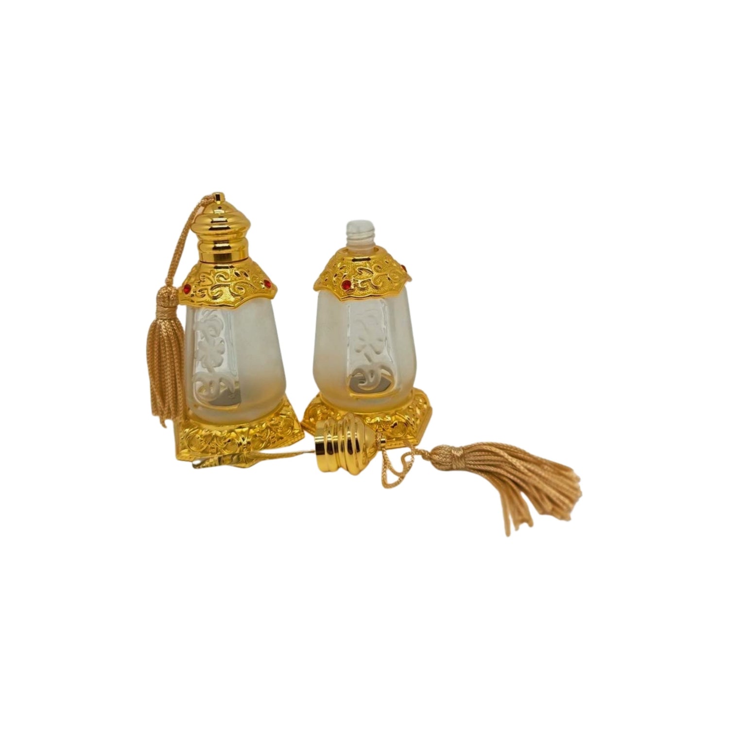 20ml fancy gold and glass arabian design attar oud perfume oil bottle with tassel with stick applicator
