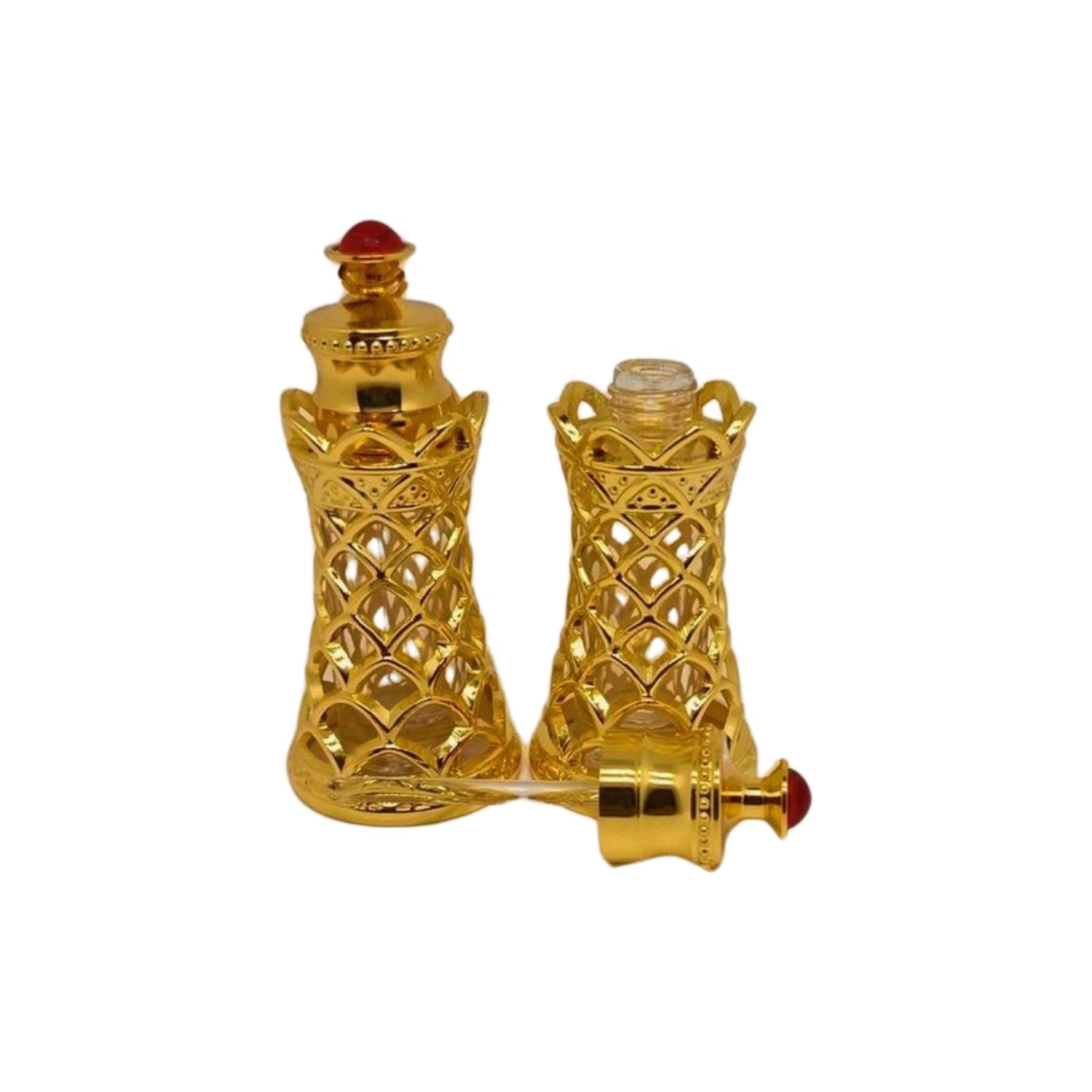 6ml gold and glass arabian design attar oud perfume oil bottle with stick applicator with red stone on lid