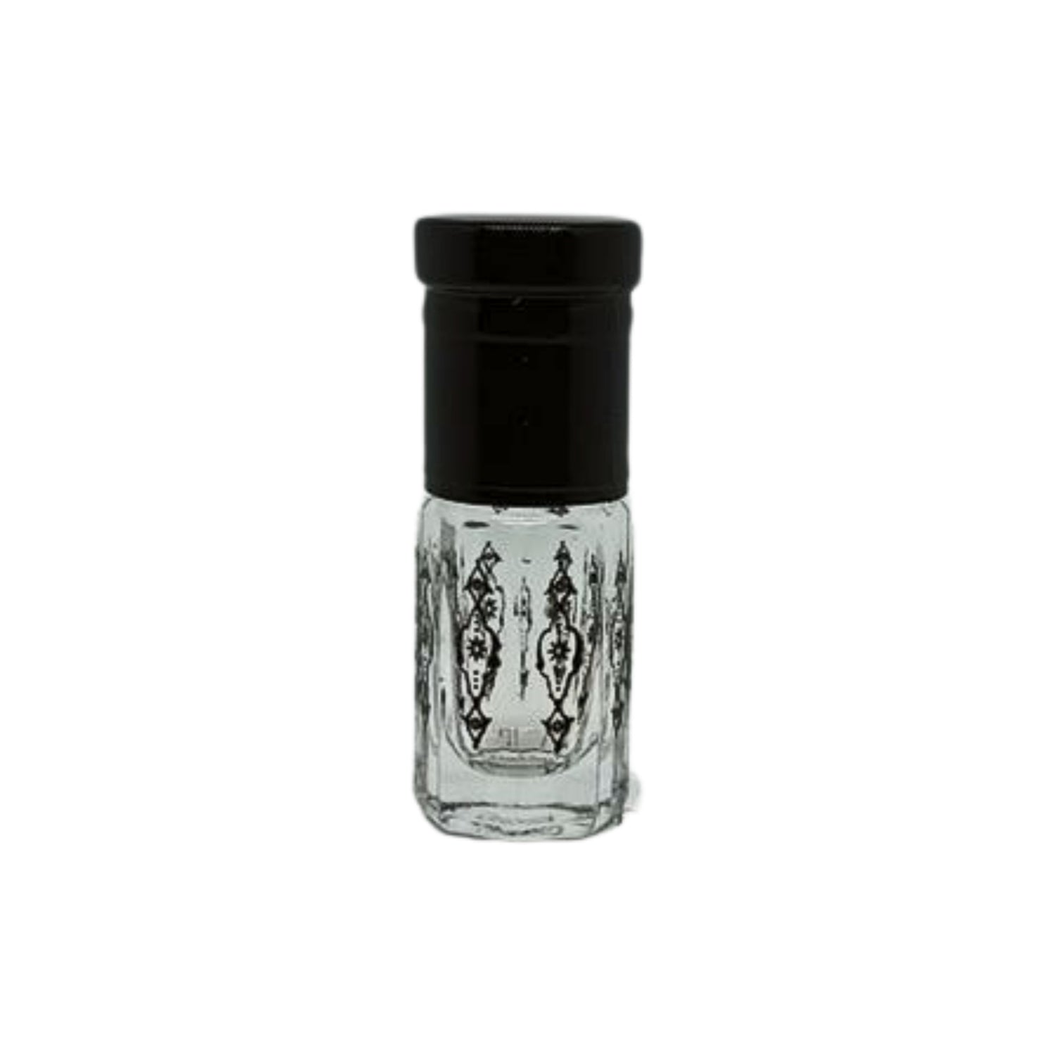 Black patterned glass perfume or essential oil bottle with black lid and application roller - box of 12