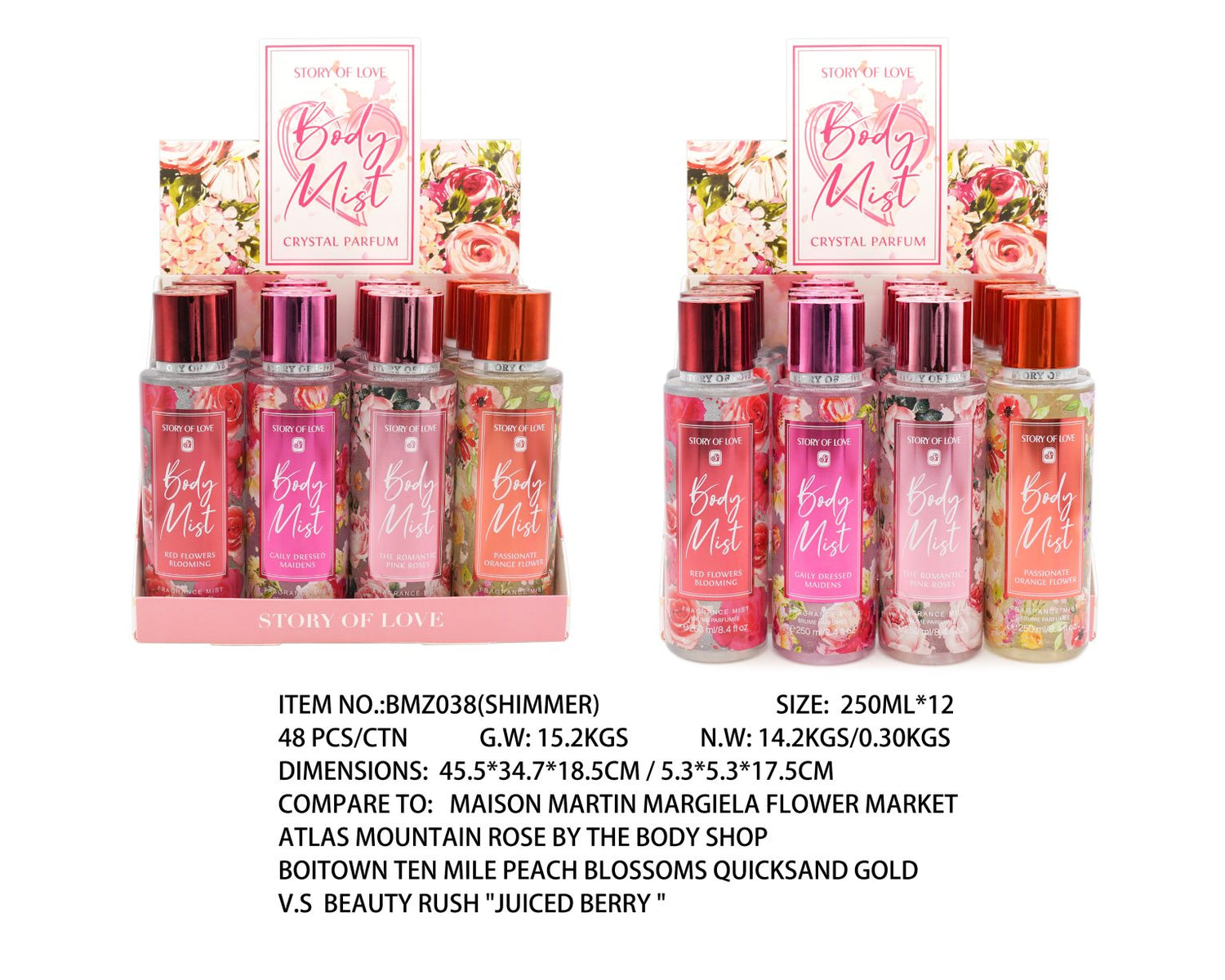Pack of 12 250ml Crystal perfume shimmer body fragrance mist