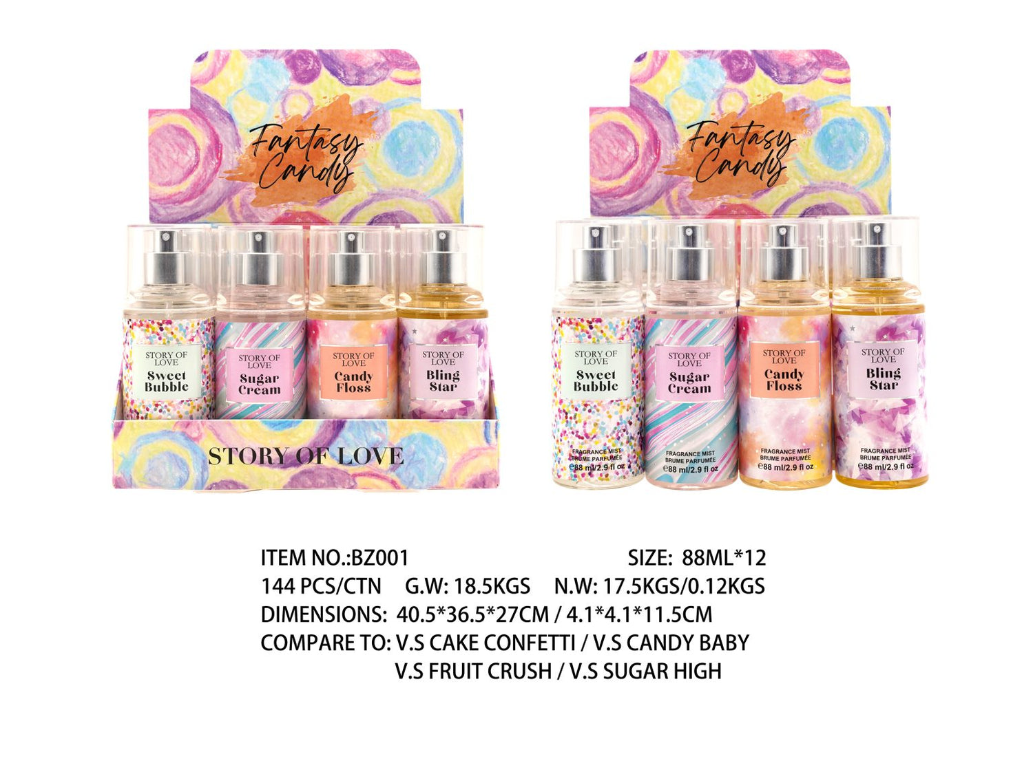 Pack of 12 88ml Fantasy candy body fragrance mist