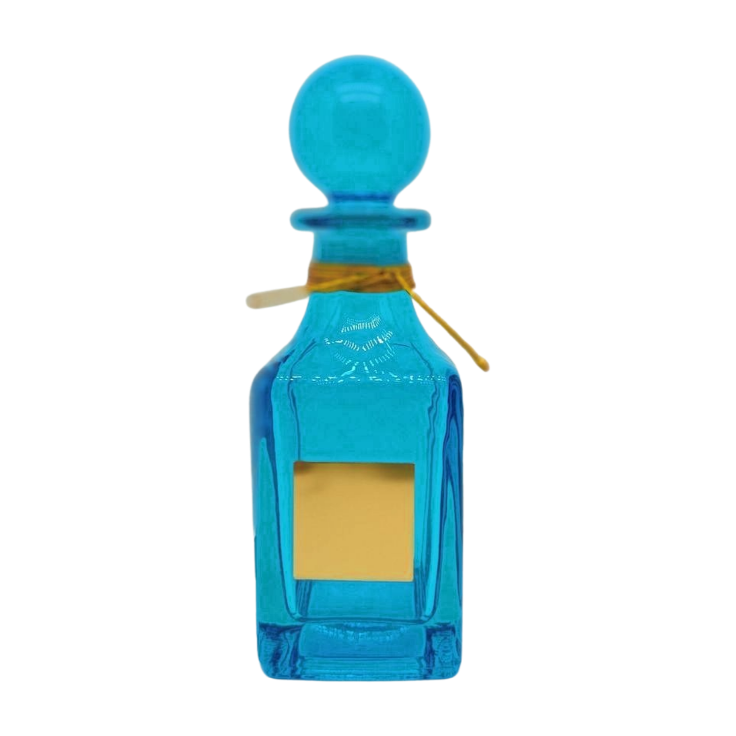 150ml blue glass perfume oil decanter with gold label and matching sphere stopper lid