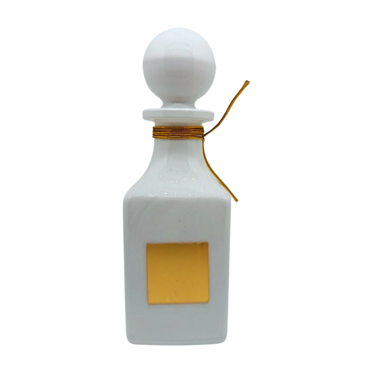150ml white glass perfume oil decanter with gold label and matching sphere stopper lid