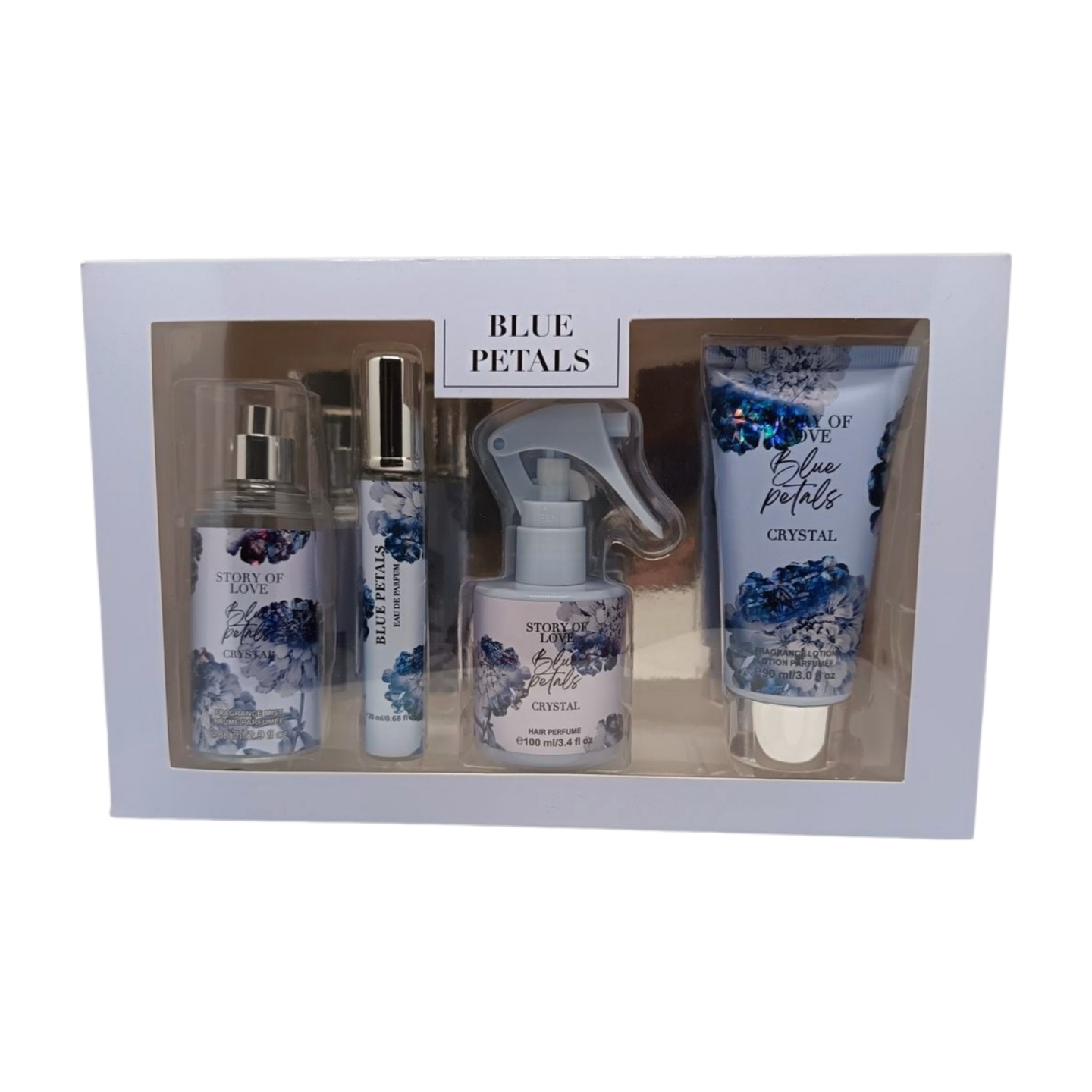 Gift box set Blue Petals - hair perfume, fragrance lotion, eau de parfum, fragrance mist