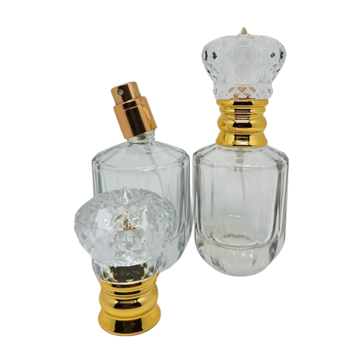 40ml clear glass refillable spray perfume bottle with fancy and clear gold lid