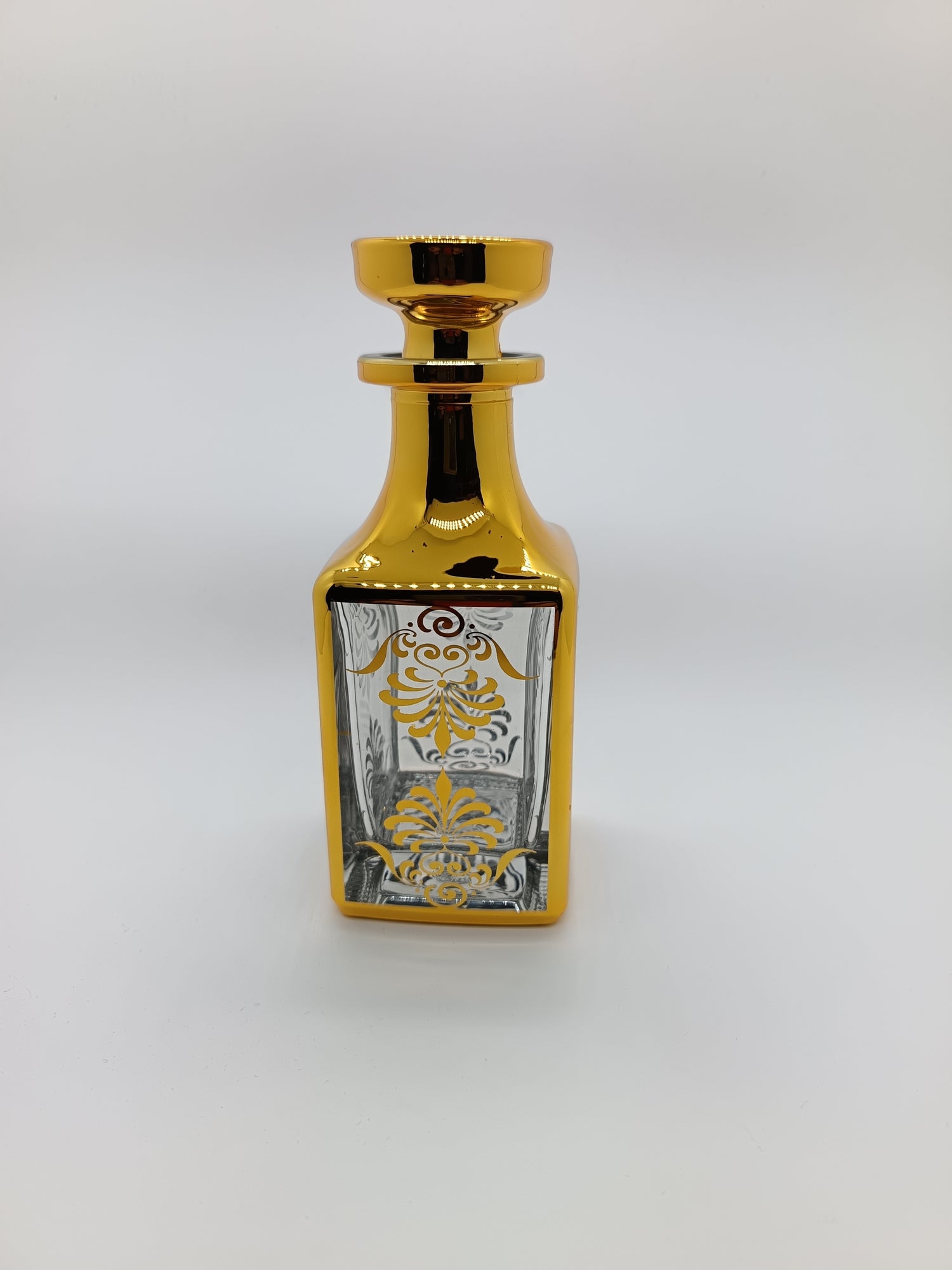 150ml gold patterned fancy glass perfume decanter bottle with gold flat stopper lid