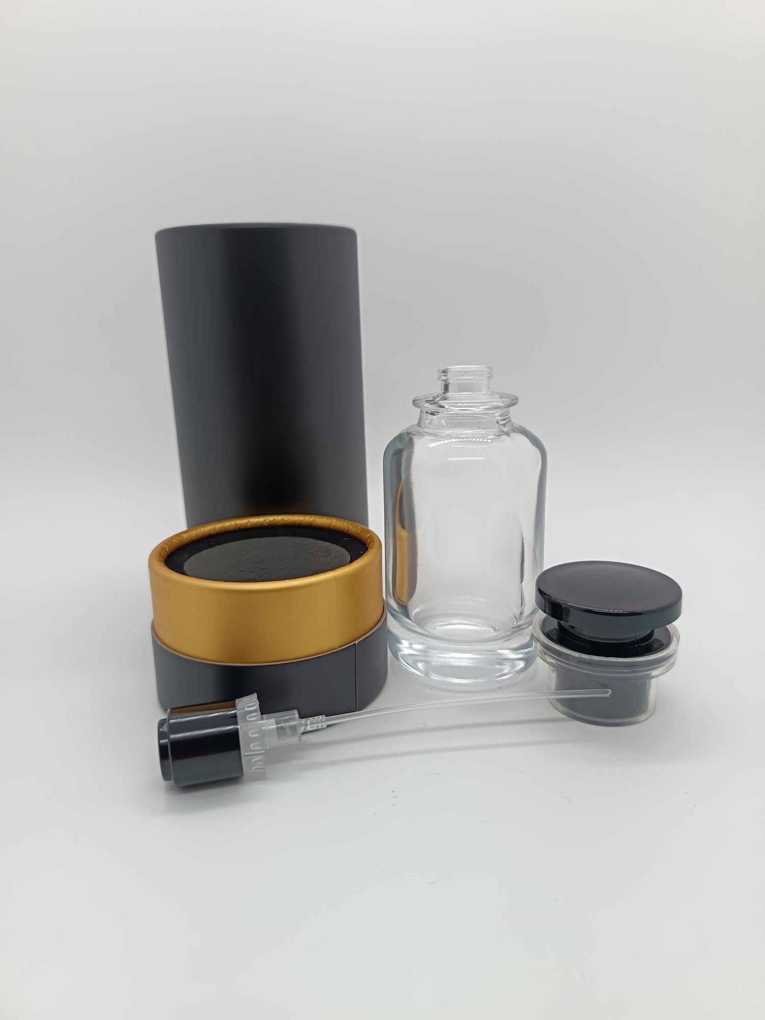 Empty perfume bottle with black lid and matching black box 50ml - crimp cap