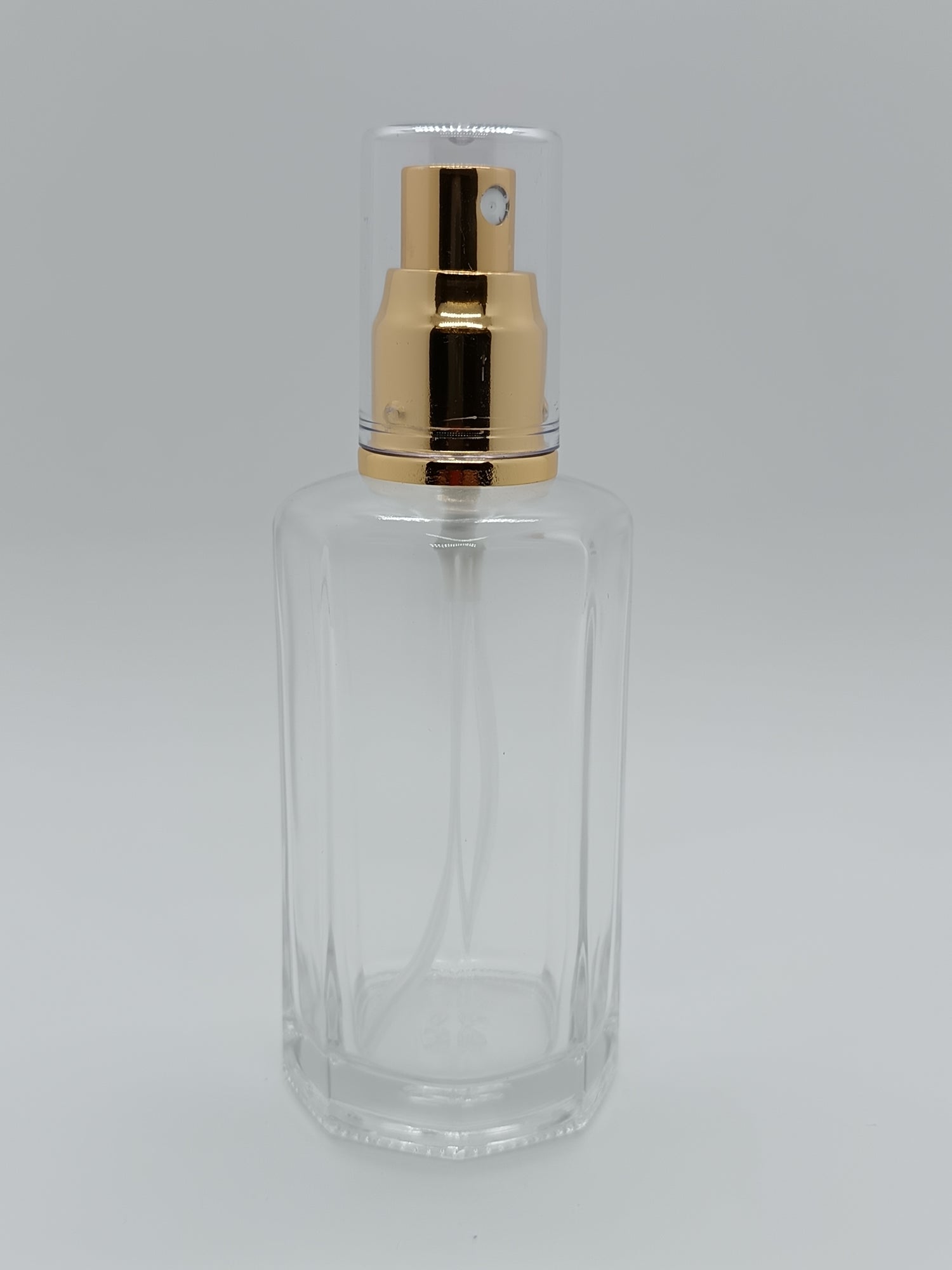 Hexagon glass perfume bottle plastic gold spray and clear lid 100ml
