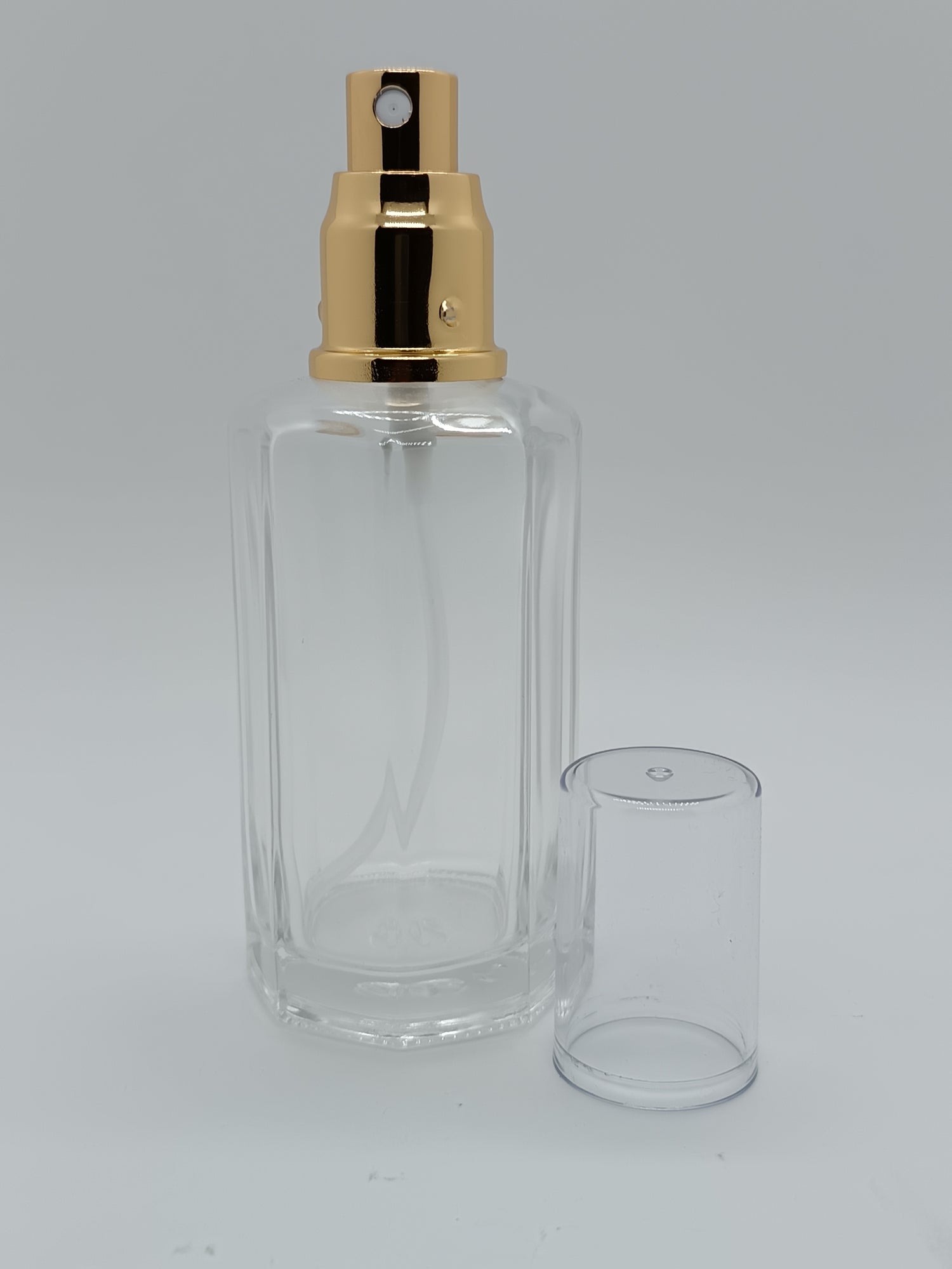 Hexagon glass perfume bottle plastic gold spray and clear lid 100ml