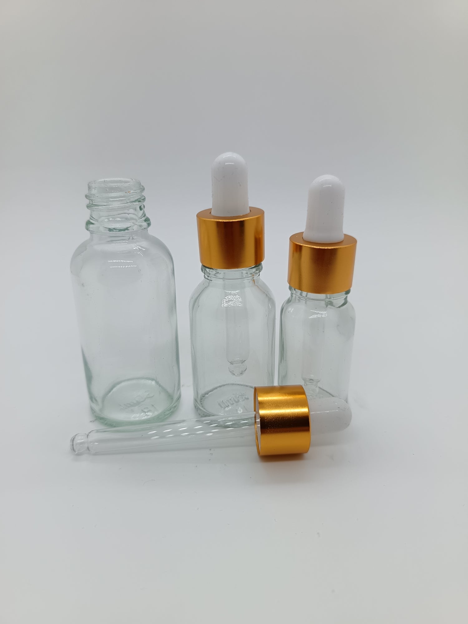Perfume essential oil or medicine dropper bottle refillable white gold clear glass 10ml 15ml or 30ml x12