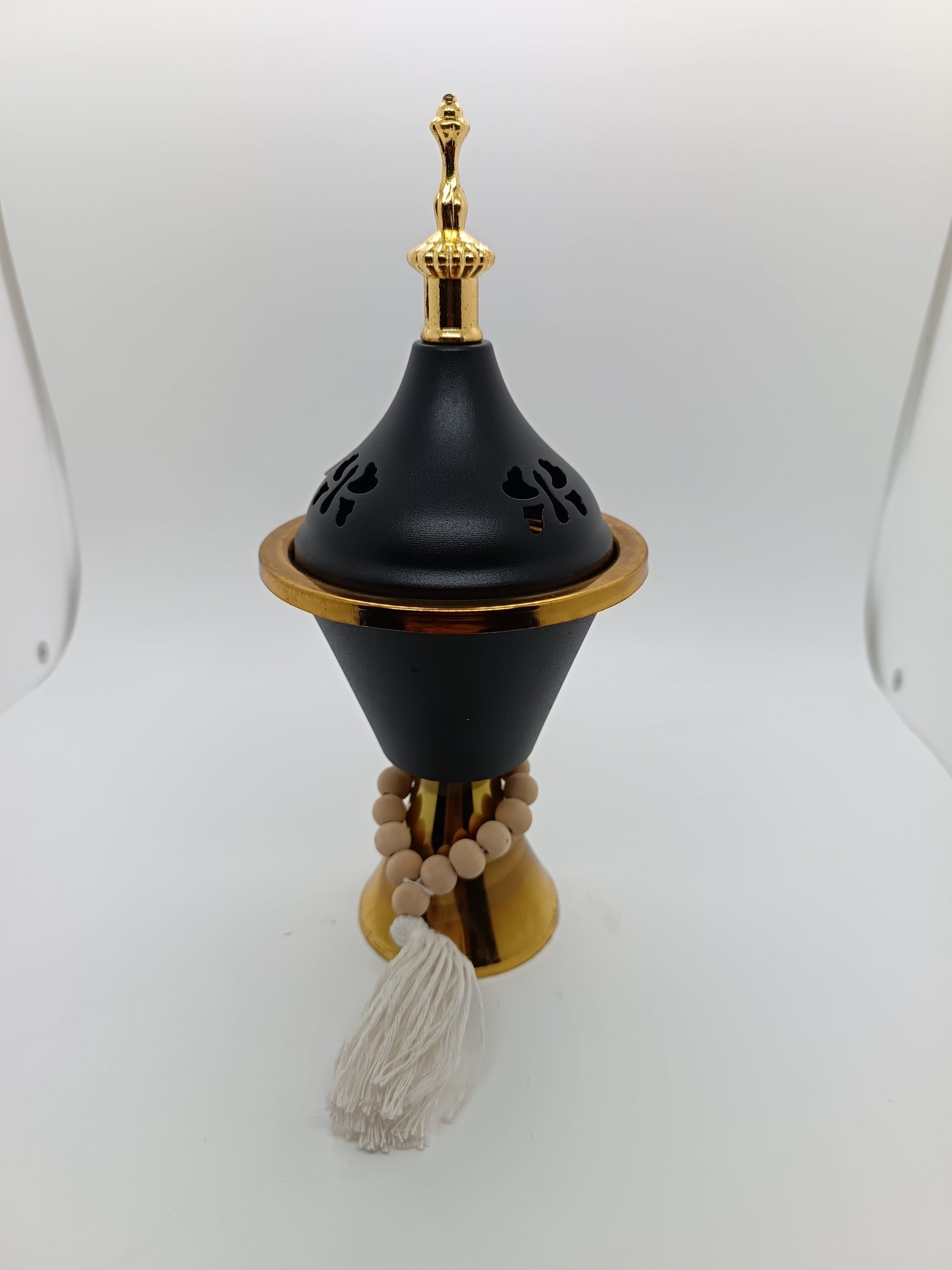 Black gold metal bakhoor burner with lid and tasbih design 20cm
