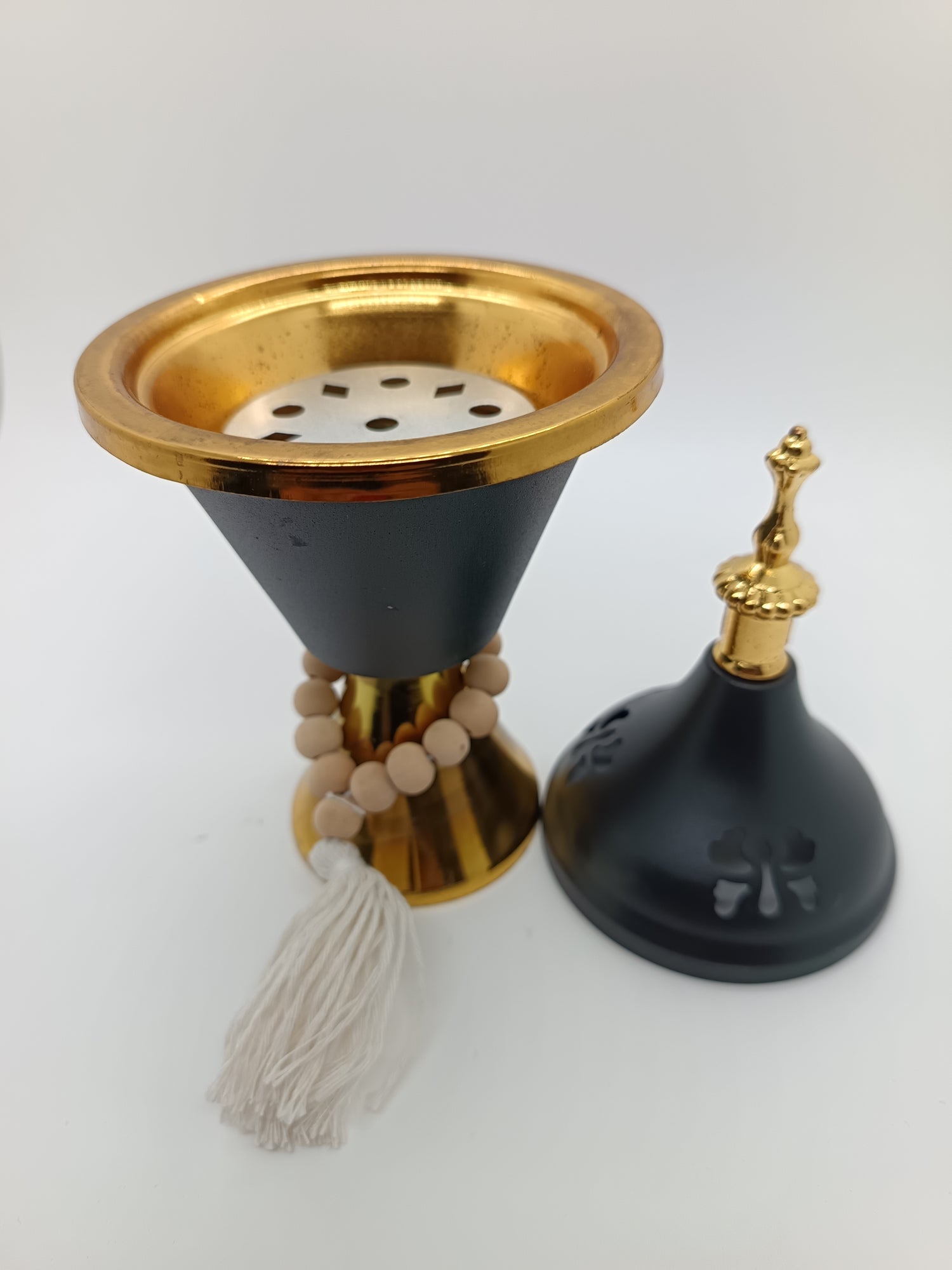 Black gold metal bakhoor burner with lid and tasbih design 20cm