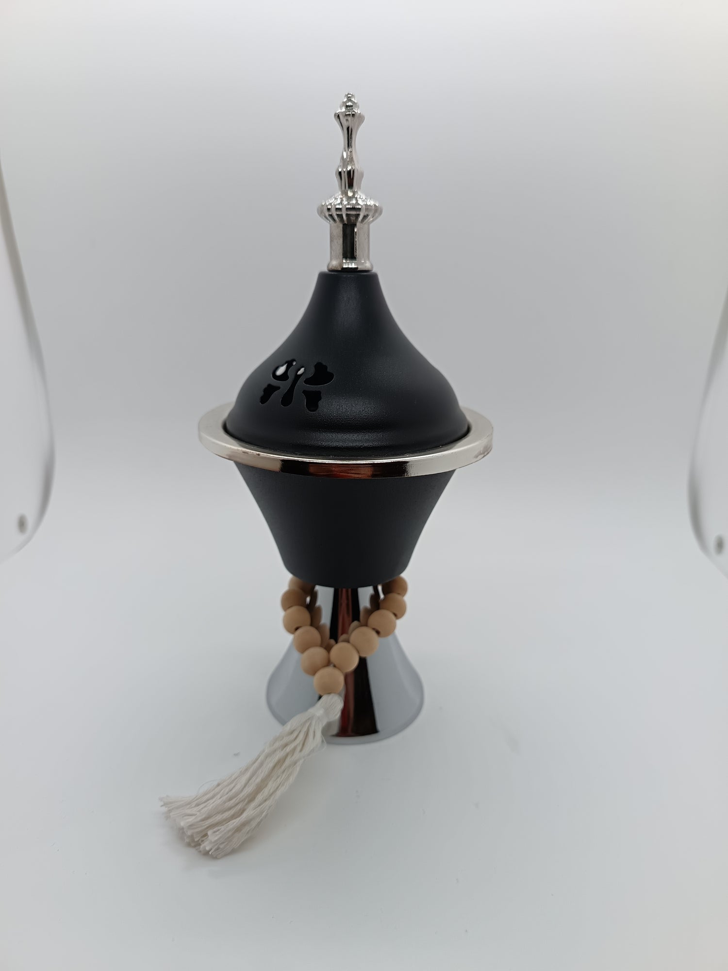 Black silver metal bakhoor burner with lid and tasbih design 20cm