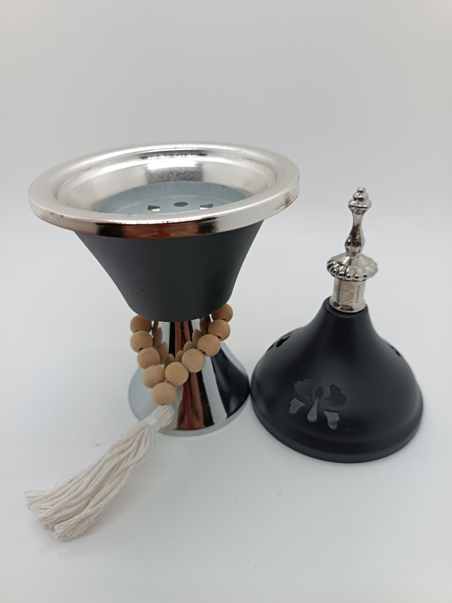 Black silver metal bakhoor burner with lid and tasbih design 20cm