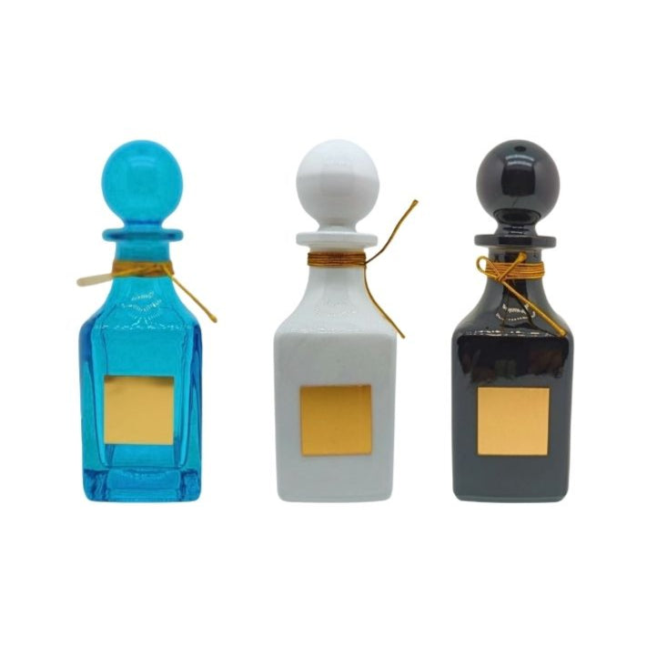 150ml white glass perfume oil decanter with gold label and matching sphere stopper lid